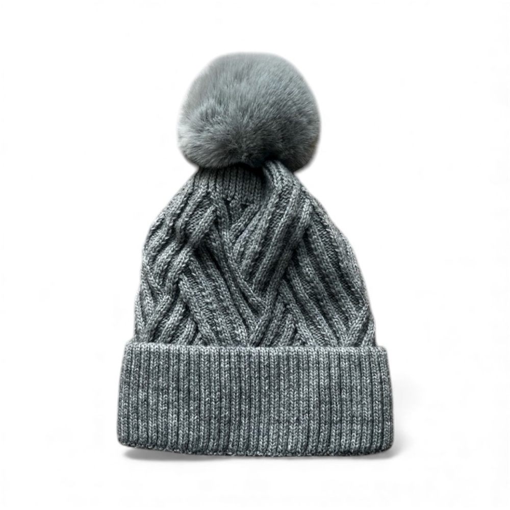 3/$30 NWOT Gray Knitted Wool Beanie with Pom-pom and Ribbed Brim